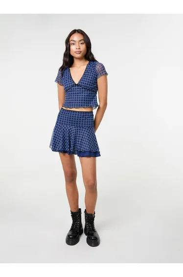 Check Ruffle Mini Skirt