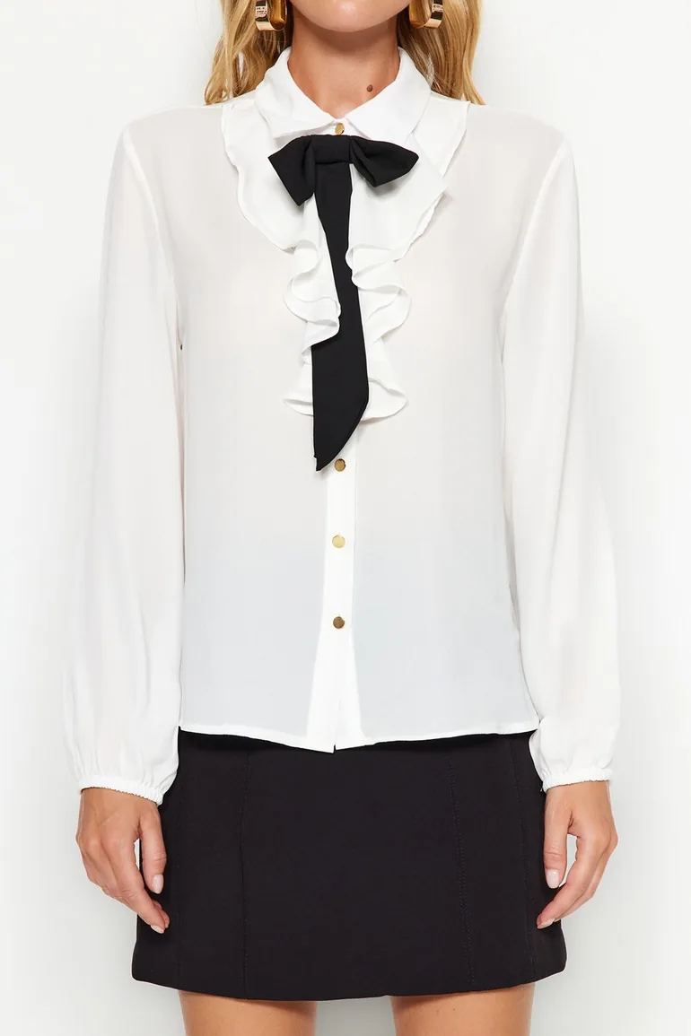 Black Woven Shirt with Detachable Bow - 4