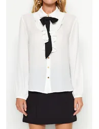 Black Woven Shirt with Detachable Bow - 4