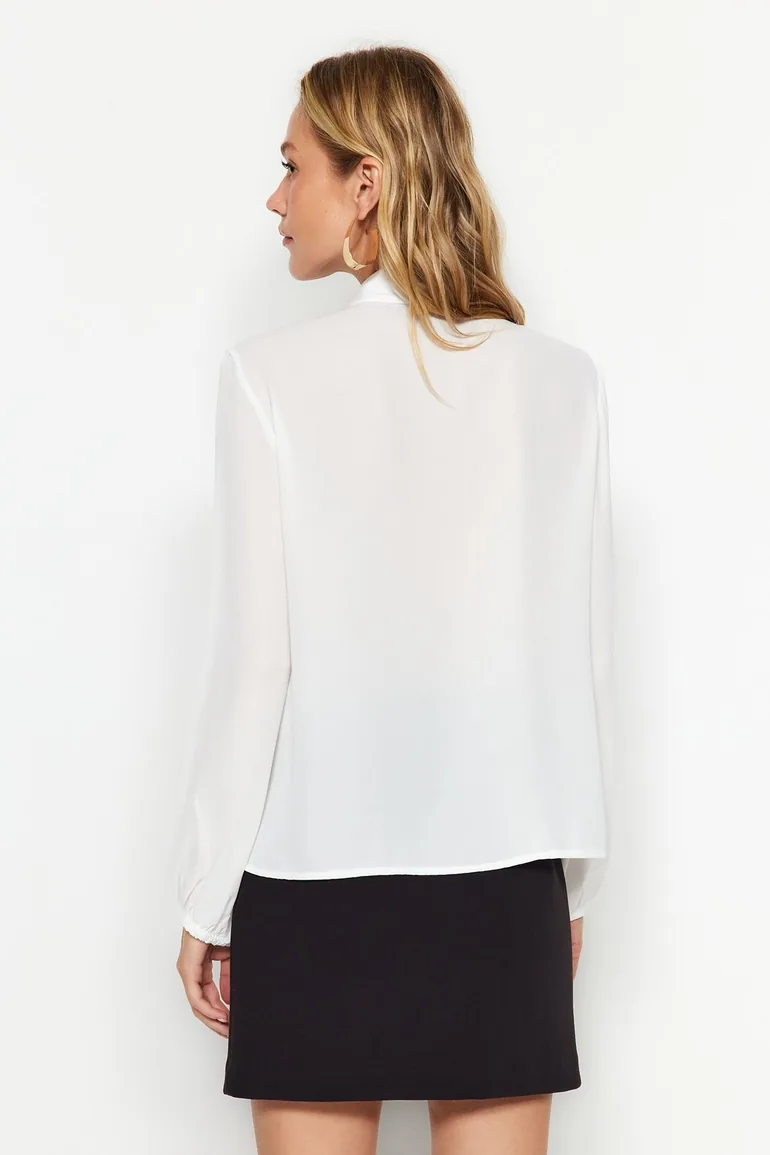 Black Woven Shirt with Detachable Bow - 5
