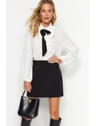 Black Woven Shirt with Detachable Bow