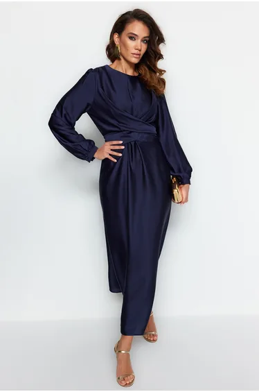 Navy A-Line Maxi Evening Dress with Long Sleeves