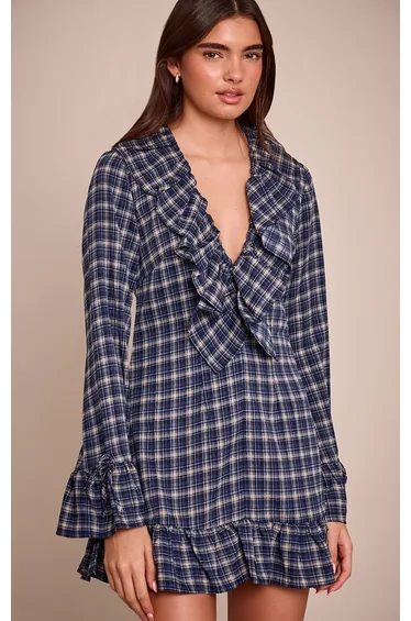 فستان قصير كاروهات بكشكش بأكمام طويلة - كحلي