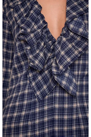 فستان قصير كاروهات بكشكش بأكمام طويلة - كحلي