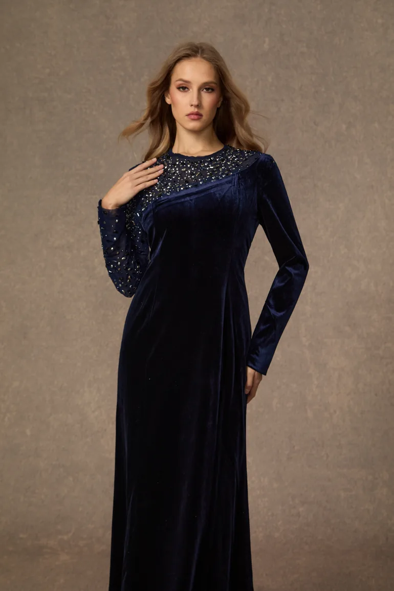 Coveted Confidence Dark Blue Crystal Embellished Velvet Maxi Dress - 1