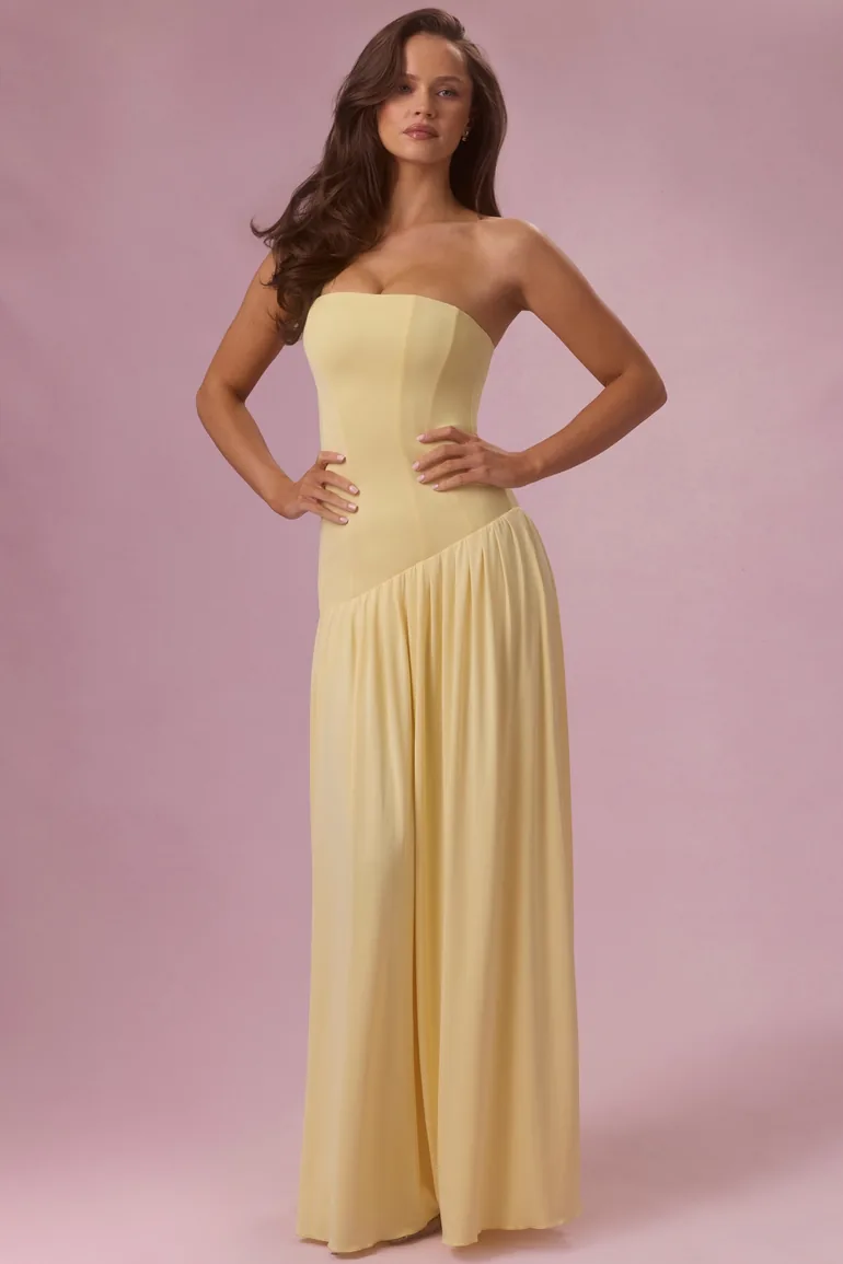butter yellow strapless dress Satin Prom Gown, Ruched Bodycon with Sid  SposaBridal Among formal dresses Premium Jersey Strapless Gown in
