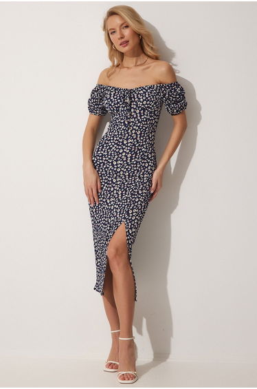 Navy Floral Bodycon Midi Dress