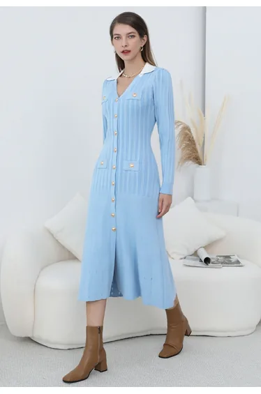Attractive Stud Button V-Neck Collared Midi Dress in Blue