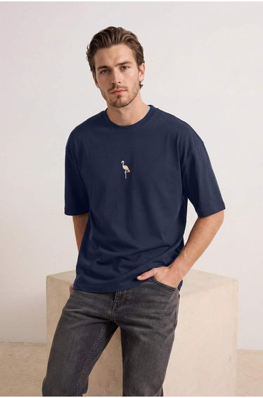 Navy Blue Oversized /Wide Cut Flamingo Embroidered 100% Cotton T-Shirt =