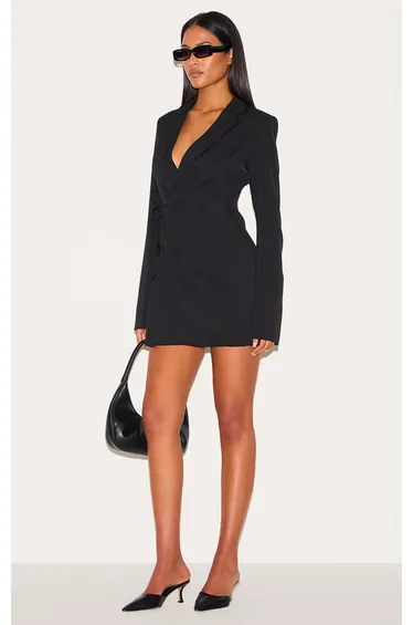 Tall Black Tie Front Detail Cinched Blazer Dress