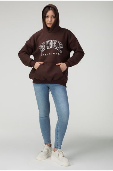 Los Angeles Printed Hoodie Brown Oversized Sweatshirt.