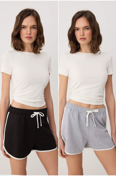 Black-Grey Plain High Waist Wide Leg 2 Thread Knitted Shorts & Bermuda