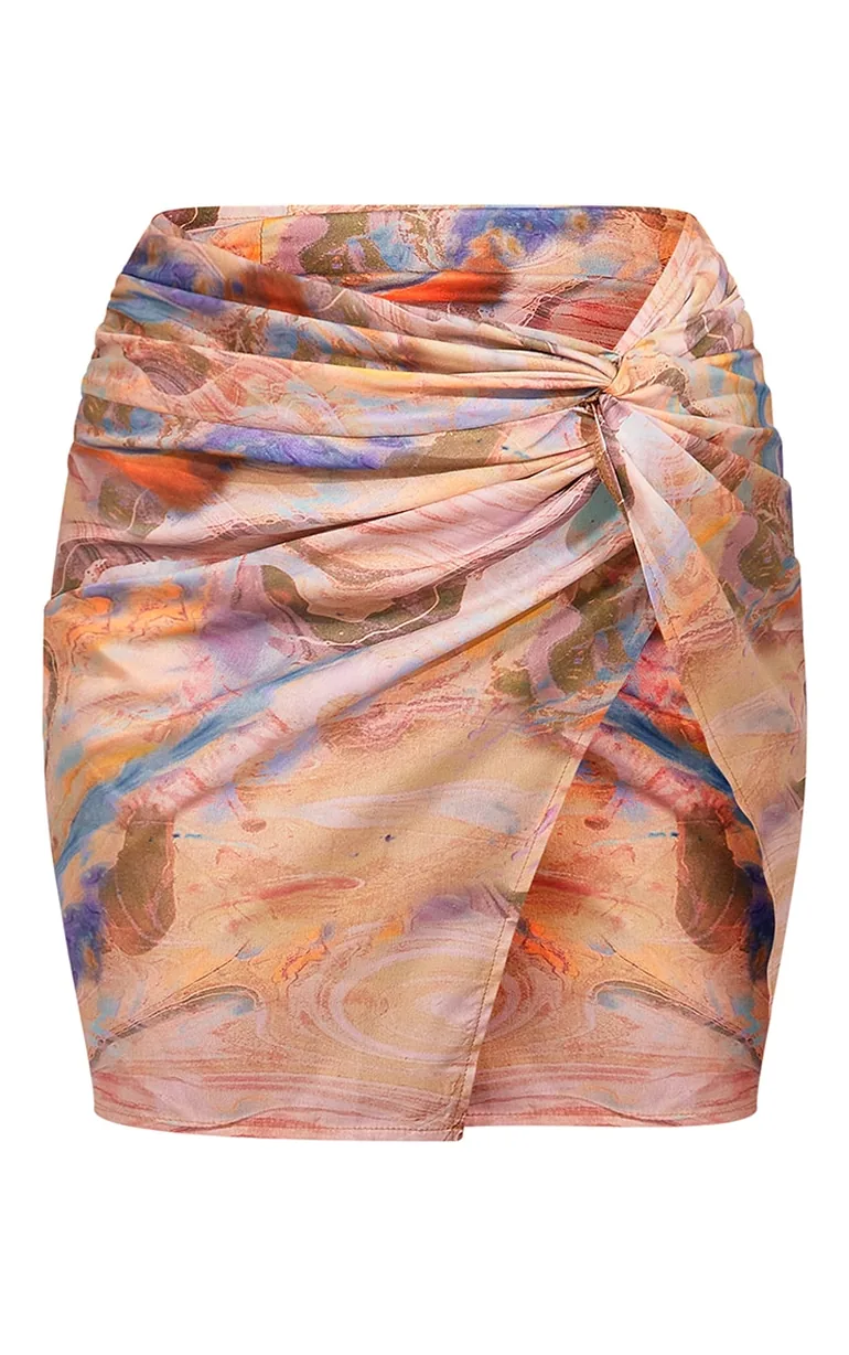 Sand Marble Printed Twist Front Split Leg Mini Skirt - 5