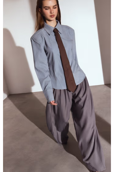 Blue Striped Peachskin Fitted Shoulder Padded Shirt 