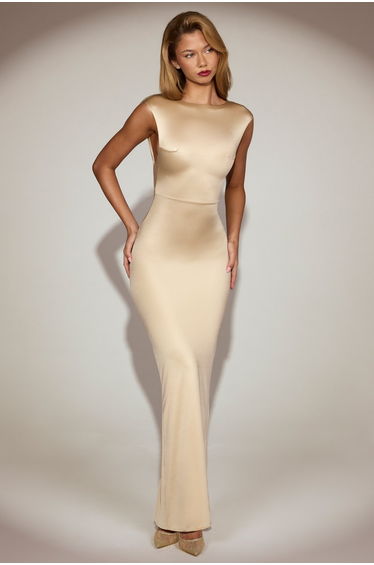Twist-Back Boat-Neck Maxi Dress in Champagne