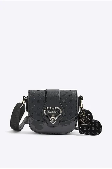 Girls Black Monogram Heartlock Cross Body Bag