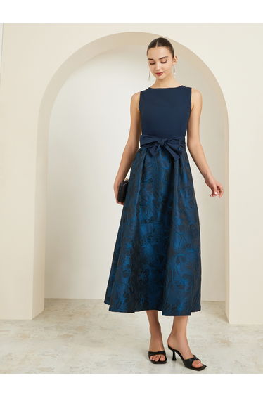 Navy Blue Floral Sleeveless Maxi Dress with Bow Detail