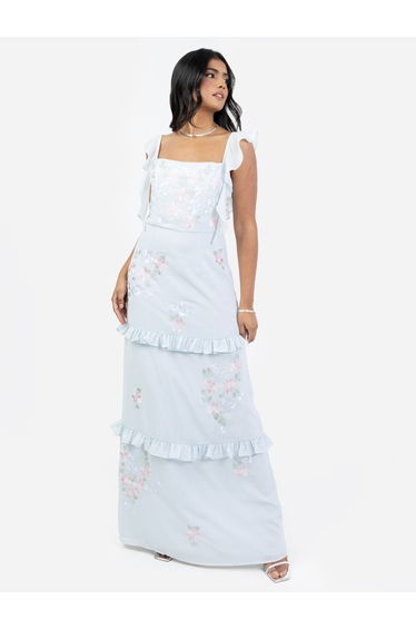 Maya Floral Embroidered Square Neck Blue Dress