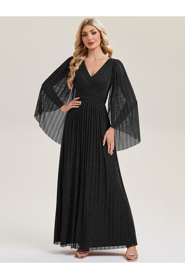 ever ISLA|Deep V-Neck Mesh Batwing Sleeve Evening Dress