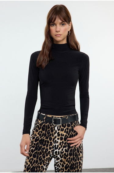 Black Fitted Long Sleeve High Collar Ribbed Stretchy Knitted Blouse