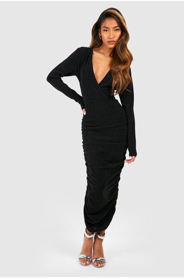 Glitter Rouched Wrap Midaxi Dress - black