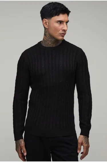 Tall Muscle Fit Cable Knitted Jumper - black