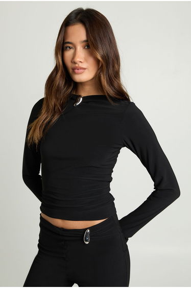 Double Layer Slinky Top With Silver Trim Detail - black