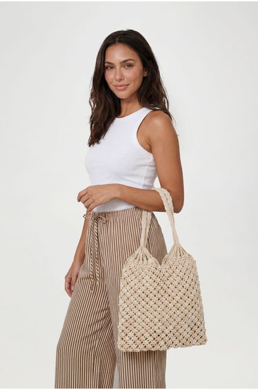 Braided Handle Crochet Beach Bag - cream