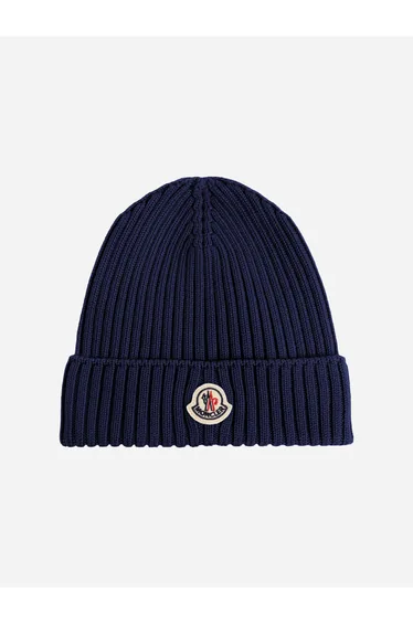 Moncler Enfant Boys Wool Knit Beanie Hat in Navy