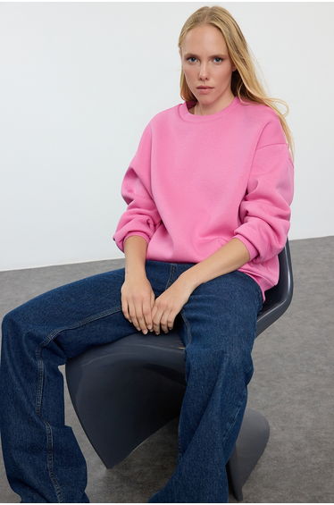 Pink Oversize/Relaxed Fit Basic Crew Neck Thick/Polar inside Knitted Sweatshirt