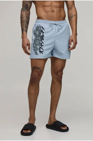 Dragon Print Embroidered Short Length Swim Short - baby blue