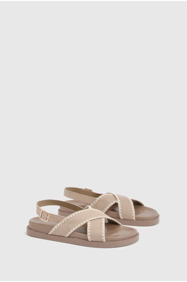 Crossover Whipstitch Detail Sandals - taupe