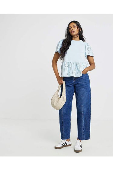 Crew Neck Peplum Broderie Top