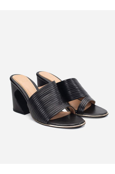 Striped Leather Block Heel Sandals