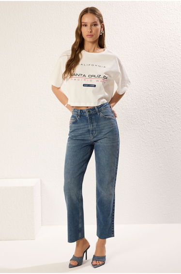 Blue High Waist Straight Jeans