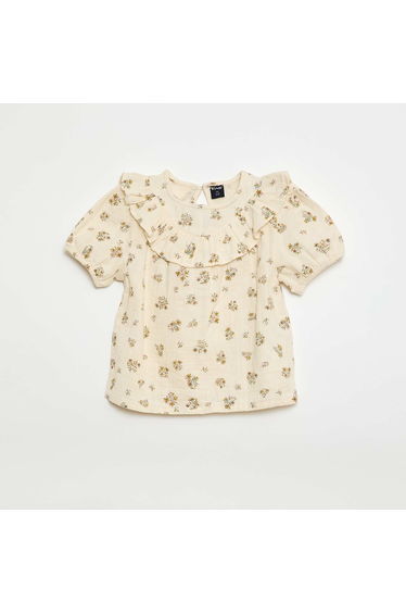 Short-Sleeve Cotton Gauze Print Blouse BEIGE