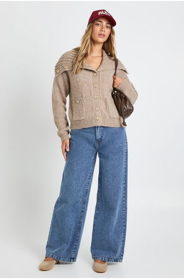 Chunky Knit Oversized Collar Detail Button Through Cardigan - stone