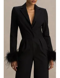 Lissy | Black Plunge-Neck Jumpsuit With Feather-Detailed Sleeves - 5