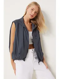 Women's Smoke Stand Collar Elastic Waist Parachute Vest - 1