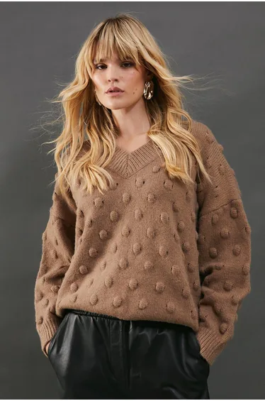 Bubble Knit Slouchy V Neck Jumper