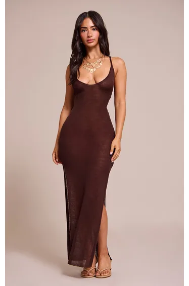 Petite Brown Sheer Knitted Strappy Maxi Dress
