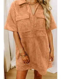 Lvness Thai Curry Collared V Neck Faux Suede Short Sleeve Shift Mini Dress - 1
