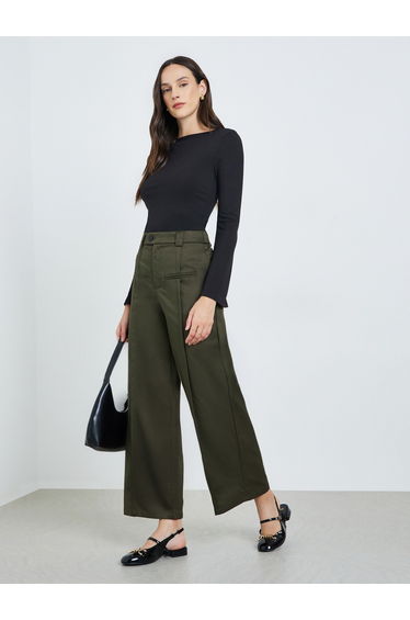 Khaki Wide Leg Trousers with Pintuck Detail