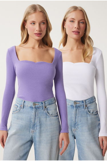 Women's Lilac White 2-Piece Heart Neck Ribbed Knitted Blouse
