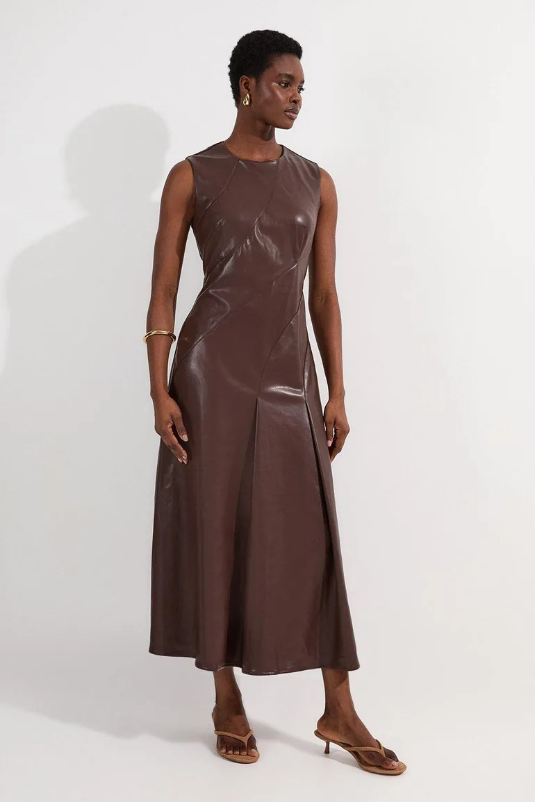 Faux Leather Seam Detail Full Midaxi Dress Karen Millen : Evening Dresses : VogaCloset Oman Faux Leather Seam Detail Full Midaxi Dress Karen Millen : Evening Dresses : VogaCloset Oman