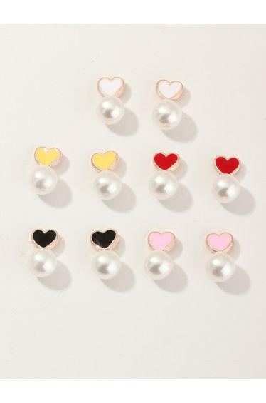 Set of 5 - Heart Shape with Faux Pearl Drop Earrings