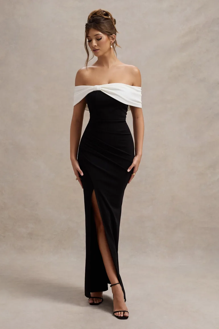 90s barbie black dress Embellished Bardot Knit Gown – Black main image 1