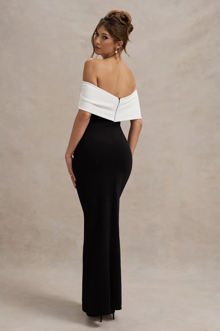bardot dress black and white Black And White Printed Bardot Style Midi Dress  AX Paris