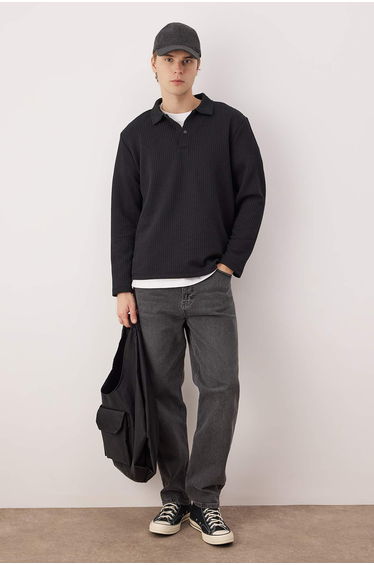 Black relaxed cut waffle textured polo neck sweatshirt
