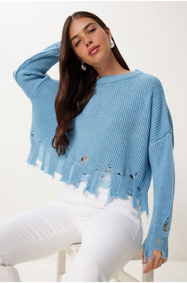 Women's Blue Ripped Detail Oversize Knitwear Sweater